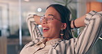 Woman, finished and happy in office, night and breathing with relief, relax and pride for job at startup. Girl, person or employee with smile, done and thinking with solution, stretching or workplace