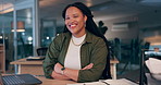 Face, smile and business woman with arms crossed at desk in work office at night in startup. Portrait, confidence and happy designer, creative professional entrepreneur or employee in South Africa