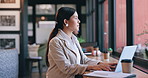 Cafe, thinking and woman with a laptop, typing and connection with internet, deadline and copywriter. Restaurant, person and girl with computer, ideas and opportunity with creativity and thoughts