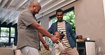 Gay, couple and child or dance in home with bonding, entertainment or happiness in living room of house. Lgbtq, men or girl kid with music, freedom and movement for celebration, relationship and love