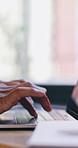 Keyboard, hands and business with person, laptop and connection with planning, internet and email. Copywriter, employee or entrepreneur with a computer, technology or research with a creative project