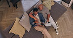 Gay, men and happy on sofa with tablet for social media, internet streaming or top view with laughing in home. Lgbtq, couple and touchscreen or technology on couch in lounge for online tv or show