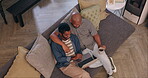 Gay, men and happy on sofa with laptop for social media, internet streaming or top view with laughing in home. Lgbtq, couple and pc computer or technology on couch in lounge for online tv or website