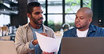 Home, couple or laptop with documents, gay or financial planning with internet, savings or payment. Queer people, apartment or men with technology, paperwork and taxes with budget, chat or investment