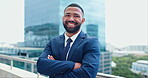 Business man, face and arms crossed, lawyer happy with career and confident on rooftop, skyscraper and pride. Expert, legal employee or attorney with smile in portrait for corporate and professional