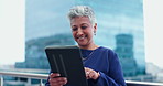 Tablet, thinking and happy senior business woman on a balcony laughing at social media, gift or chat. Digital, search and elderly female entrepreneur online on a rooftop with funny video or message