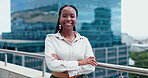 Black woman, face and arms crossed, lawyer happy with career and confident on rooftop, skyscraper and pride. Expert, legal employee or attorney with smile in portrait for corporate and professional