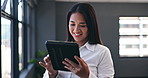 Happy asian woman, tablet and research in networking, social media or communication at office. Face of female person or employee smile with technology for online chatting or texting at workplace