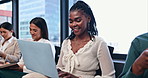 Laptop, smile and black woman employee in workshop or seminar for growth, training and development. Computer, learning and upskill with happy young business person in office for education conference