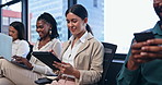 Tablet, research and business woman in workshop or seminar for growth, training and development. Technology, online learning and upskill with happy young employee in office for education conference