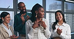 Business people, applause and praise for woman in promotion, celebration of success and happy. Team, clapping hands and employee achievement, congratulations and cheers at office meeting together