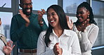 Business people, applause and congratulations for  promotion of woman, celebration of success and excited. Team, clapping hands and employee achievement, praise or laughing at office meeting together