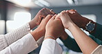 Holding hands, collaboration and support with business team in office closeup for unity or solidarity. Trust, partnership and community with employee group in company workplace for togetherness