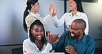 Business people, high five and teamwork on laptop with celebration, success or news of goals in office. Happy group of women and man with yes, winning and startup achievement and target on computer