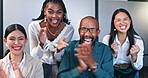 Happy business people, applause and team in celebration for winning, success or achievement at office. Portrait of young excited group clapping in motivation, bonus or promotion together at workplace