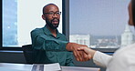 Business people, job interview and handshake for Human Resources meeting, welcome and thank you in office. Professional man or clients shaking hands for recruitment, opportunity and hiring or deal