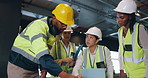 Engineer group, laptop and talking for planning, strategy or project for construction, design or architecture. Architect team, men and women for blueprint on computer, meeting or property expansion