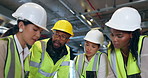 Engineer group, discussion and planning for construction, strategy or project for collaboration, design or diversity. Architect team, men and woman for brainstorming, development or idea in industry