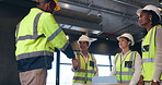 Construction worker group, handshake and agreement for people, welcome or introduction for onboarding. Man, women and engineering team with shaking hands, deal and respect for architecture company