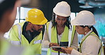 Engineer group, tablet and talking for planning, strategy or project for construction, design or architecture. Architect team, men and woman for digital touchscreen, development or property expansion