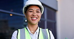 Woman, happy and engineer with face, office building and infrastructure maintenance in the city. Happy, industrial and architect or contractor in safety or labor career for young professional