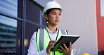 Woman, construction worker and tablet thinking at building or safety inspection, development or connection. Female person, industrial and digital innovation or maintenance at site, planning or online