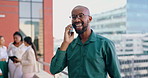 Black man, business phone call and discussion, communication and networking outdoor, plan or negotiation at law firm. Lawyer on rooftop, deal or project with connection, chat and corporate contact