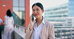 Woman, business with phone call and discussion, communication and networking outdoor, plan or negotiation at law firm. Lawyer on rooftop, deal or project with connection, chat and corporate contact