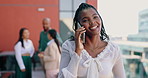 Business, woman and phone call with communication outdoor on rooftop for networking and corporate deal. Entrepreneur, african employee and smartphone with discussion, talking and conversation in city