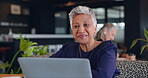 Mature, woman and video call with communication in cafe for networking, conversation and business chat. Entrepreneur, person and conference with laptop for planning, consultant and talking to client