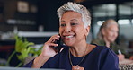 Mature, woman and phone call with communication in cafe for networking, conversation and business chat. Entrepreneur, person and smartphone with laptop for planning, consultant and talking to client