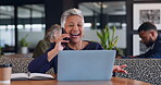 Mature, woman and phone call with laptop in cafe for networking, conversation and business communication. Entrepreneur, person and smartphone with laughing for joke, consultant and talking to client