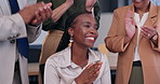 Business people, success and applause for black woman with thank you hands, praise or celebration in office. Congratulations, support and workforce clapping for welcome, collaboration or teamwork
