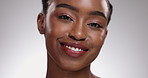 Beauty, skincare and face closeup of black woman on white background for wellness, cosmetics and makeup. Dermatology, spa and portrait of happy person for natural, healthy skin and glow in studio