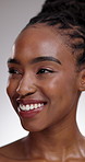Black woman, teeth and face in dental hygiene, skincare or cosmetics on a gray studio background. Closeup of African female person mouth for dentist, tooth whitening or oral and gum care treatment
