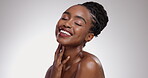 Woman, portrait and happy with body care in studio for glowing skin, wellness and detox with chemical peel. African model, face and mockup for facial treatment, skincare or beauty on white background