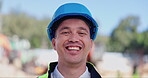 Man, face and construction worker is happy outdoor, building site and engineering with maintenance. Headshot, portrait and professional contractor for architecture and renovation with handyman