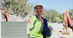 Woman, face and arms crossed, senior construction worker outdoor, building site and engineer for maintenance. Expert, portrait and professional contractor for architecture and renovation with pride
