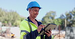 Engineering, construction and woman on tablet for inspection, maintenance and building. Architecture, contractor and happy mature worker on digital technology for internet, website and online report