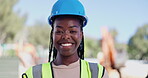 Black woman, face and construction outdoor for building at site and engineer smile for maintenance. Expert, portrait and professional contractor for architecture and renovation with pride and happy