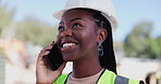 Phone call, construction site and black woman for engineering inspection, maintenance and building. Architecture industry, contractor and worker on smartphone for communication, discussion or talking