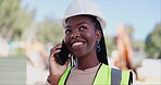 Phone call, construction and black woman for engineering inspection, maintenance and building. Architecture industry, contractor and happy worker on smartphone for communication, contact and talking