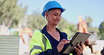 Thinking, construction and woman on tablet for engineering inspection, maintenance and building. Architecture, contractor and mature worker on digital tech for internet, website and online report