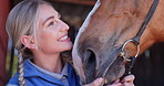 Woman, kiss horse and stable in texas, countryside and ready in ranch for sustainable farming. Farm, nature and outdoor, adventure and animal livestock with cowgirl, pet care and female jockey
