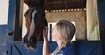 Woman, horse and care at farm with health, touch and connection with love, bonding or pet at stable. Girl, farmer person and equine animal with stroke, smile or wellness at countryside ranch in Texas