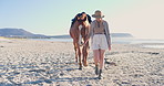Woman, horse and walk at beach, nature and adventure for training, development and health on vacation in summer. Cowgirl, equine animal or pet with journey, travel or holiday by ocean, sea or outdoor