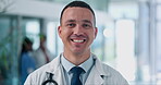 Doctor, man and face, smile for healthcare and professional headshot with expert, medicine and surgeon at hospital. Health, medical care and happy in portrait, specialist and trust with caregiver