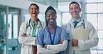 Doctors, nurse and team, arms crossed for healthcare and professional group in medicine with smile and confidence. Pride, expert and collaboration, people and medical care with portrait and trust
