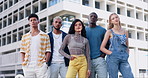 Street fashion, portrait and gen z friends with confidence, solidarity and diversity with streetwear. Urban culture, group of young men and women in city with serious social, cool style and relax.