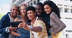 Selfie, happy and group of friends in city for adventure, journey or sightseeing travel in street. Smile, diversity and gen z young people bonding for photography picture together in urban town.